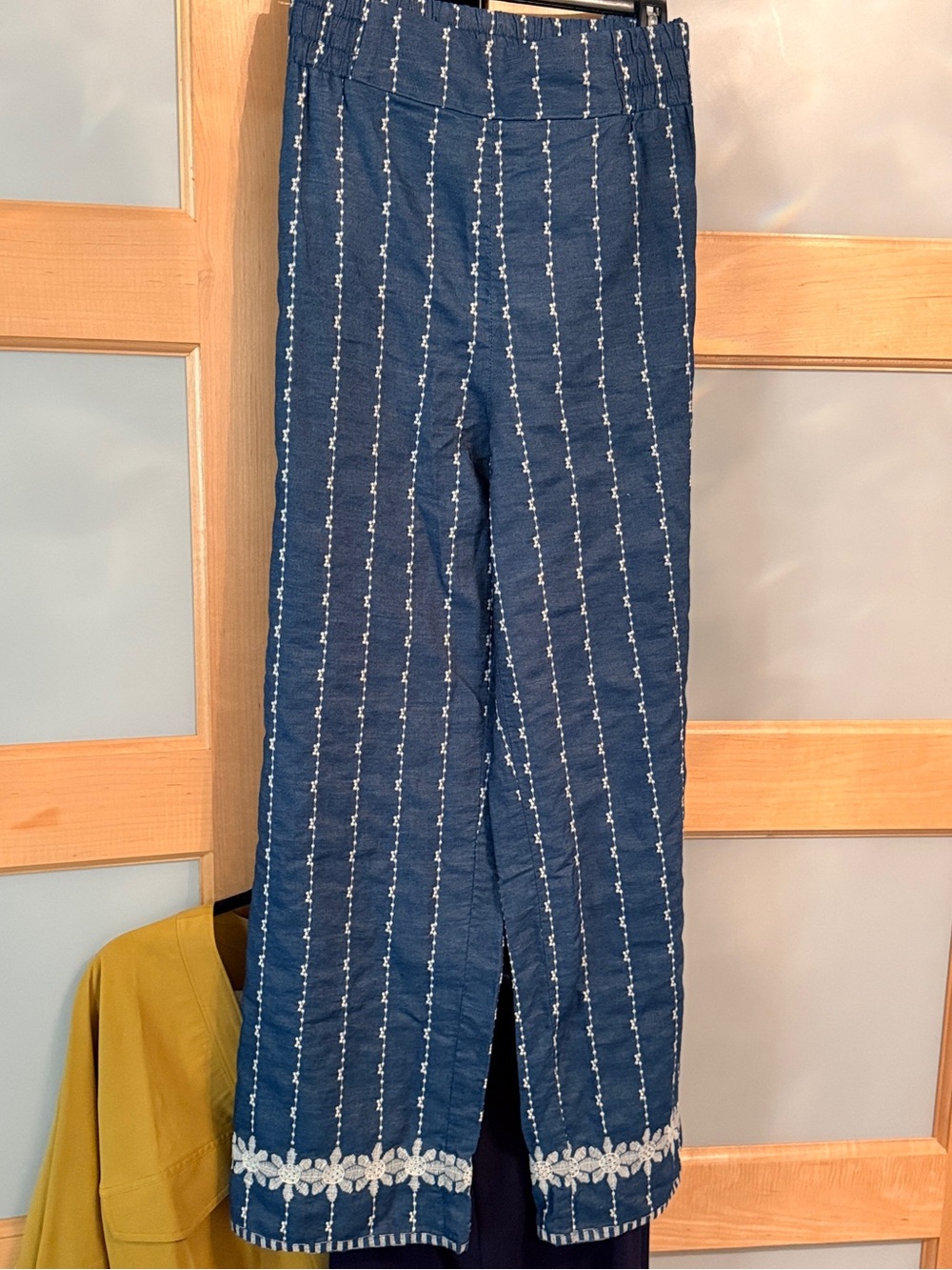 Nanette Lepore Navy Blue Wide-Leg Pants with White Embroidered Hem